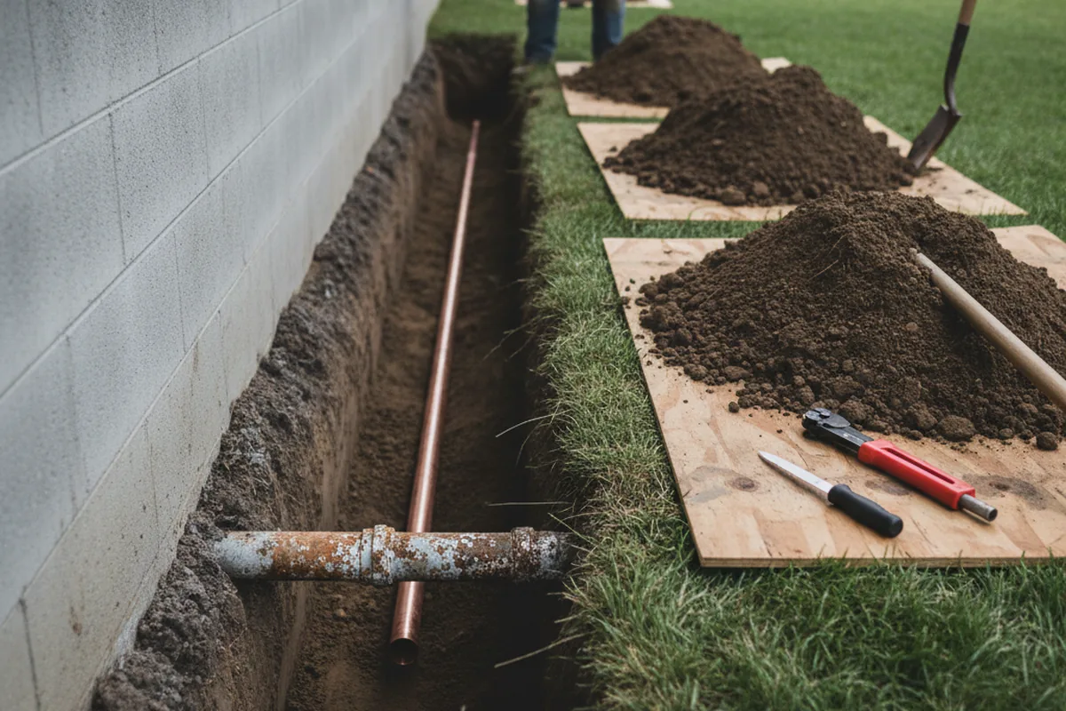 Excavated water line trench during Water Softener Installation in Nineveh